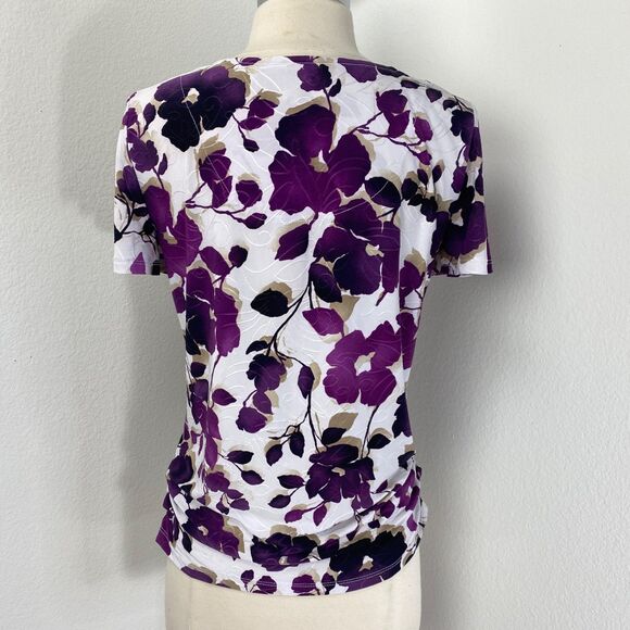 JM purple Floral Stretch Top Med Ruched Sides Cottagecore Boho Whimsy Fairy - Picture 7 of 10